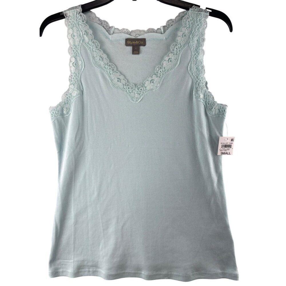 Style & Co Scallop Lace Trim Tank Top Minty Turquoise Small